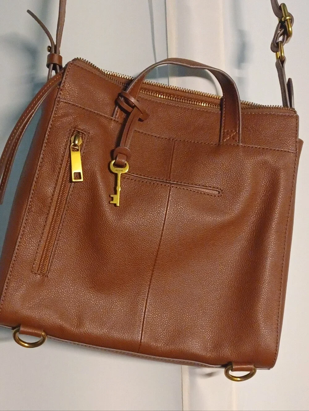 FOSSIL - NEW Genuine Brown Pebbled Leather Crossbody Tote / Convertible Backpack - Picture 3 of 10